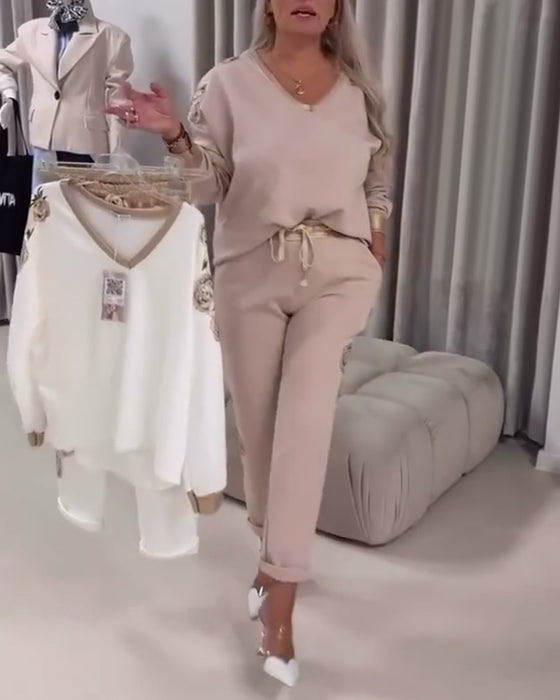 Costume Pull Décontracté à Manches Longues Col V