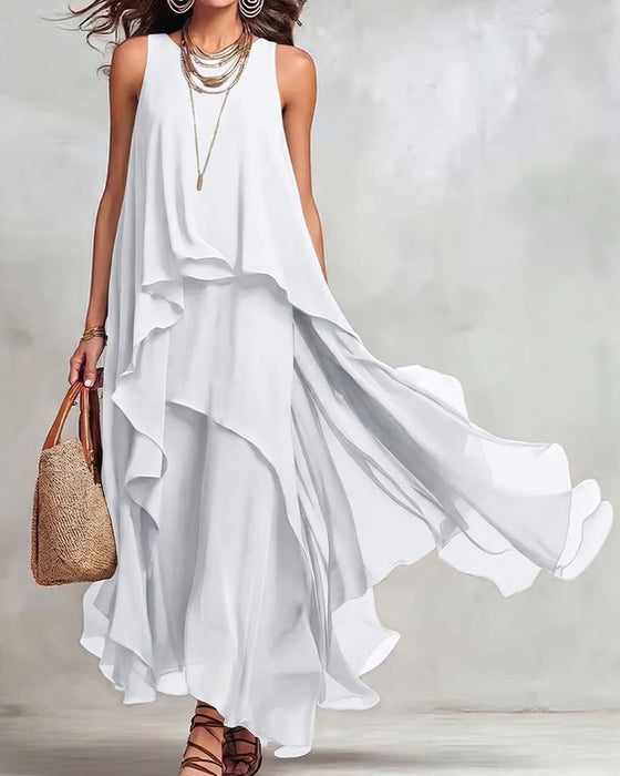 Robe Col Rond Sans Manches Irrégulière