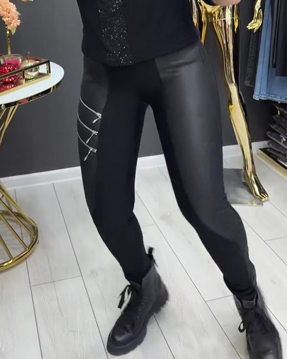 Legging PU Patchwork Fermeture Éclair Orné