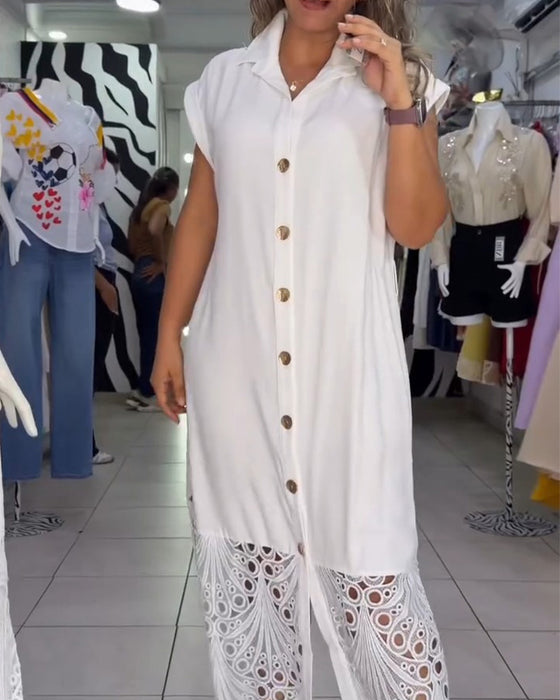 Robe Sans Manches Chemise Ourlet Dentelle Longue