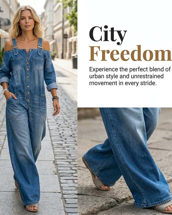 Jumpsuit Bretelle Spaghetti Épaule Dégagée Jambe Large Denim