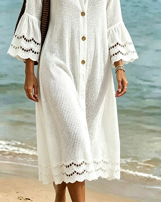 Robe Col Chemise Bouton Dentelle Patchwork