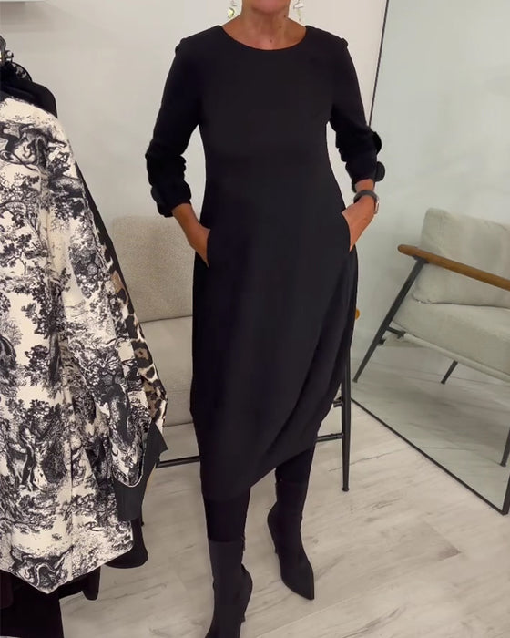 Robe Col Rond Coupe Loose Drapée Décontractée