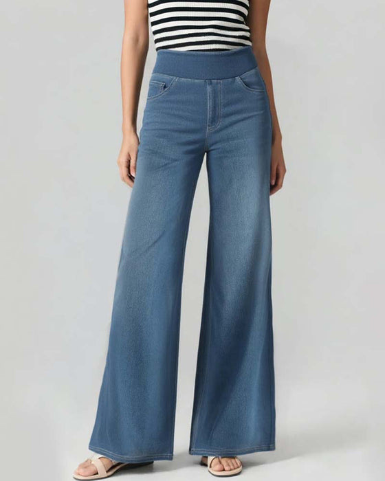Pantalon Taille Élastique Denim Large Jambe