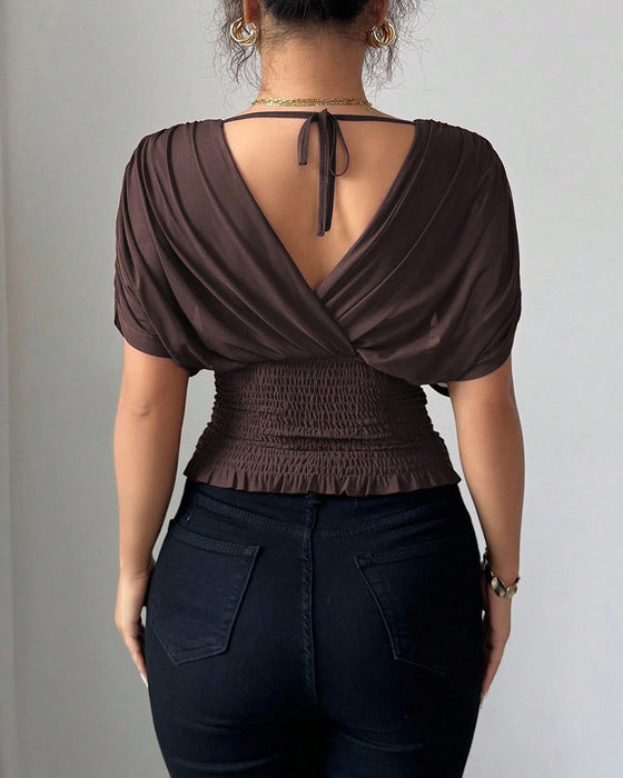 Blouse Unie Profond Col En V Taille Manches Courtes