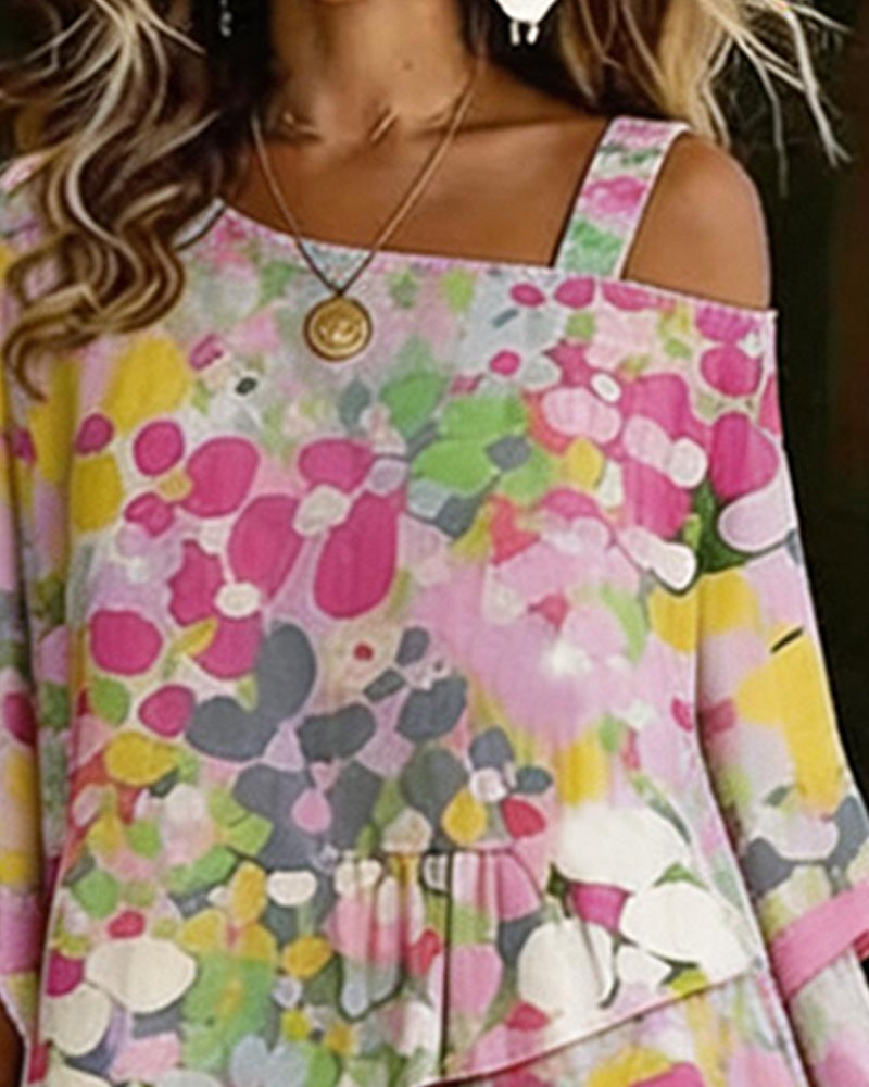 Blouse Imprimé Abstrait Épaules Dégagées