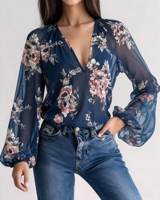Blouse imprimée tendance à col en V et manches longues
