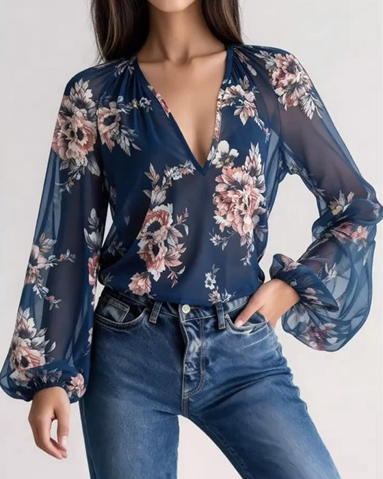 Blouse imprimée tendance à col en V et manches longues