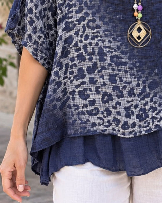 Blouse Gradient Léopard Imprimé Demi-Manche