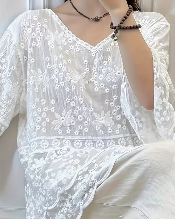 Blouse Manche Courte Dentelle Garniture
