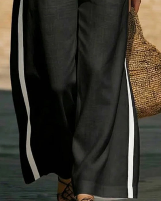 Ensemble Deux Pièces Chemise Revers Contraste Jambe Large Pantalon