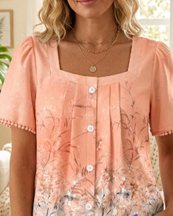 Blouse Col Carré Froncé Imprimé Frange