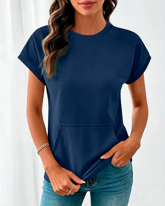 Blouse Poche Devant Unie Col Rond
