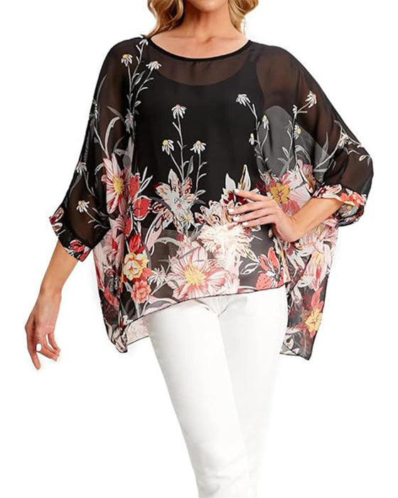 Blouse Manche Trois-Quarts Ample Imprimée Asymétrique