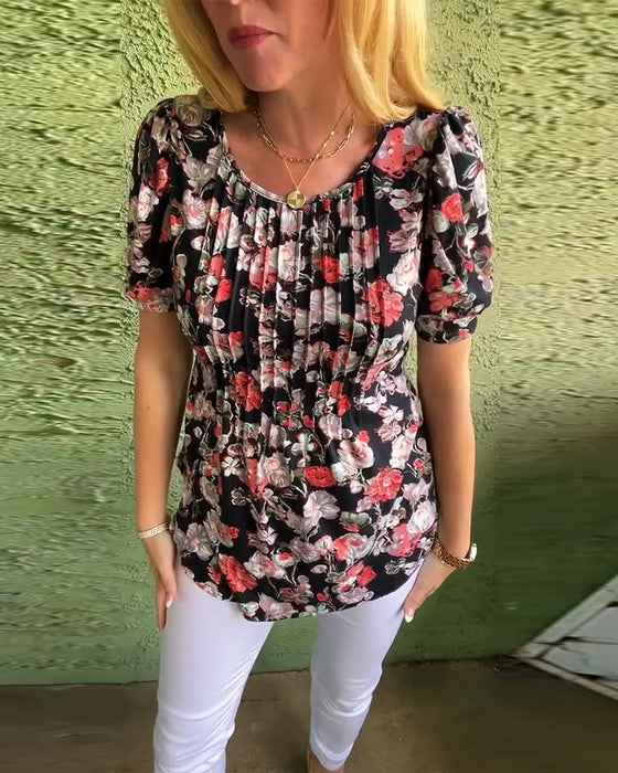 Chemisier Col rond Manche bouffante Plissé Fleuri