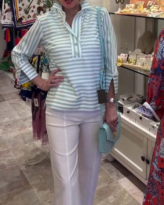Blouse Rayée Revers Manche Trois Quarts