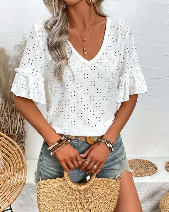 Blouses Trou De Serpentine Volant Col En V Court