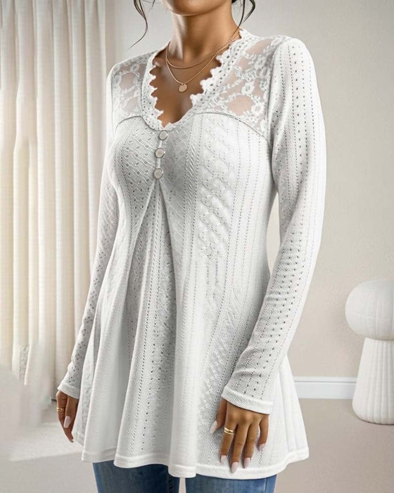 Haut Panneau De Dentelle Col V À Boutons