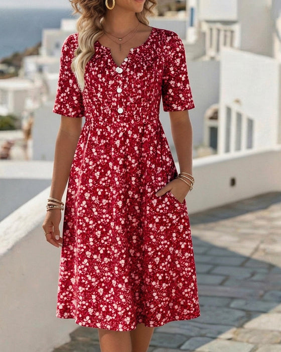 Robe Col V Manches Courtes Fleurie
