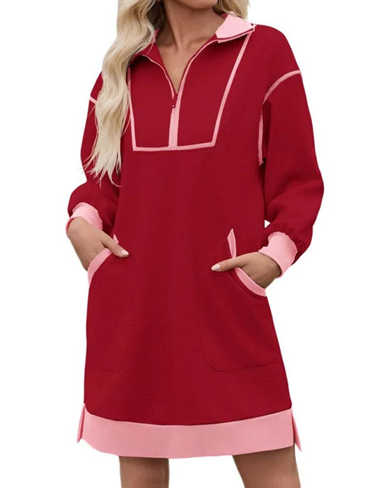 Robe Demi Zip Manches Longues Blocs De Couleurs Courte