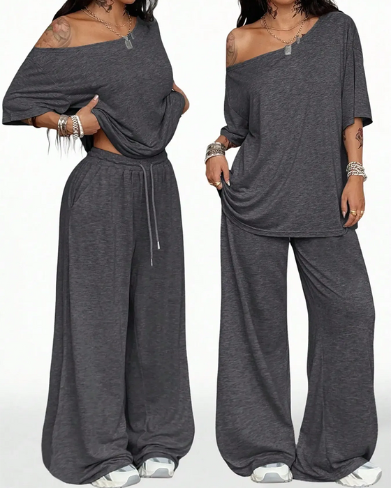 Ensemble Col Oblique Cordon De Serrage À La Taille Large Jambe Pantalon