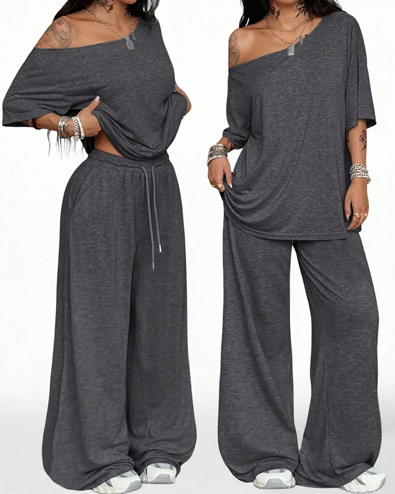 Ensemble Col Oblique Cordon De Serrage À La Taille Large Jambe Pantalon