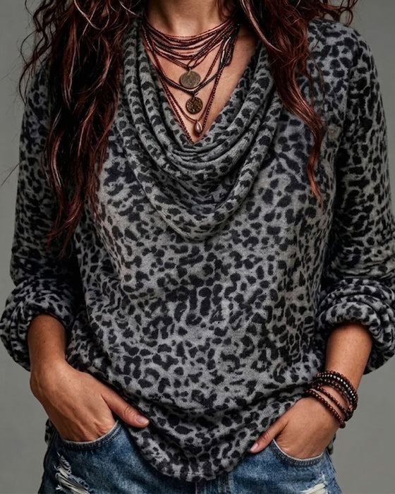 Blouse Col Mock Léopard Manche Longue