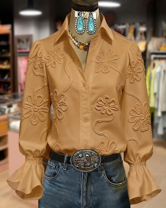 Chemise Fleur Manche Évasée Col Mandarin