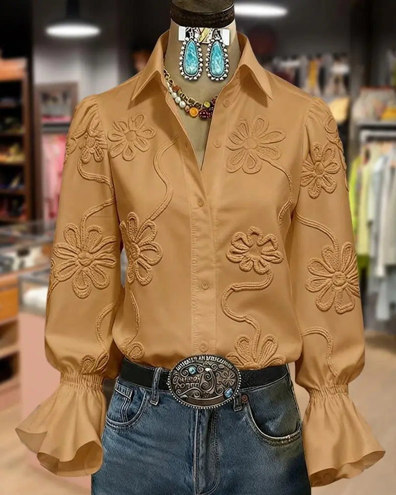 Chemise Fleur Manche Évasée Col Mandarin