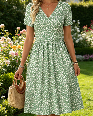 Robe Col En V Manches Courtes Petit Fleuri