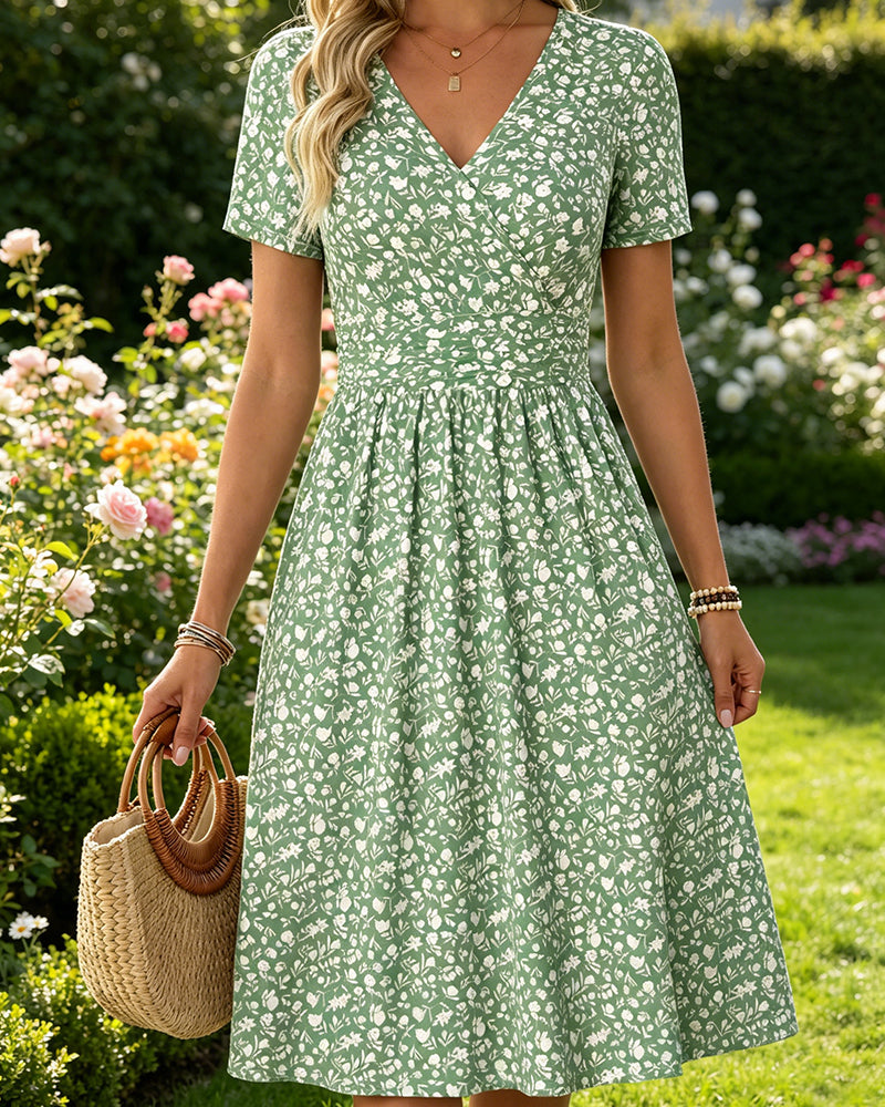 Robe Col En V Manches Courtes Petit Fleuri