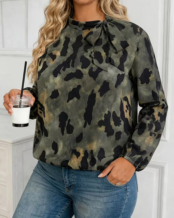 Blouse Camouflage Léopard Imprimé Foulard Attacher Manches Ballon