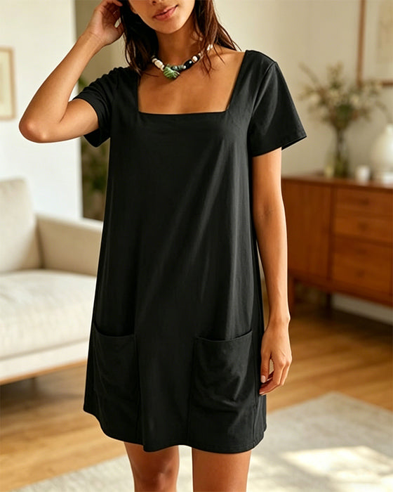 Robe Col Carré Manches Courtes Poche
