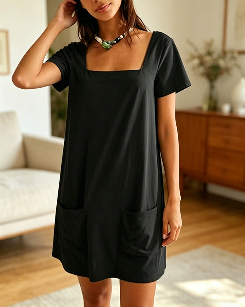 Robe Col Carré Manches Courtes Poche