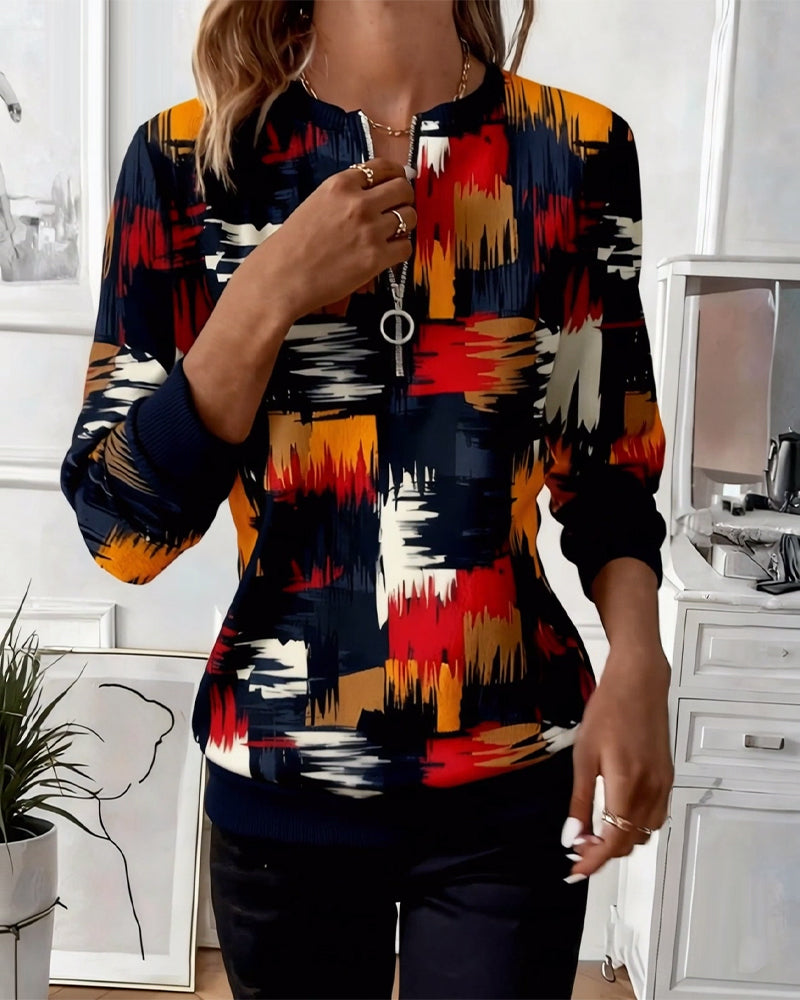 Sweat-shirt décontracté à fermeture éclair et imprimé tendance