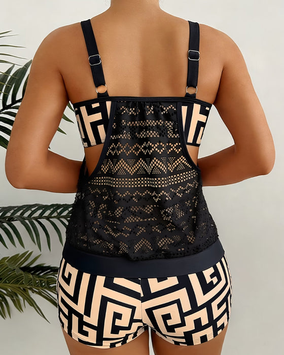 Tankini Dentelle Découpe Géométrique Imprimé