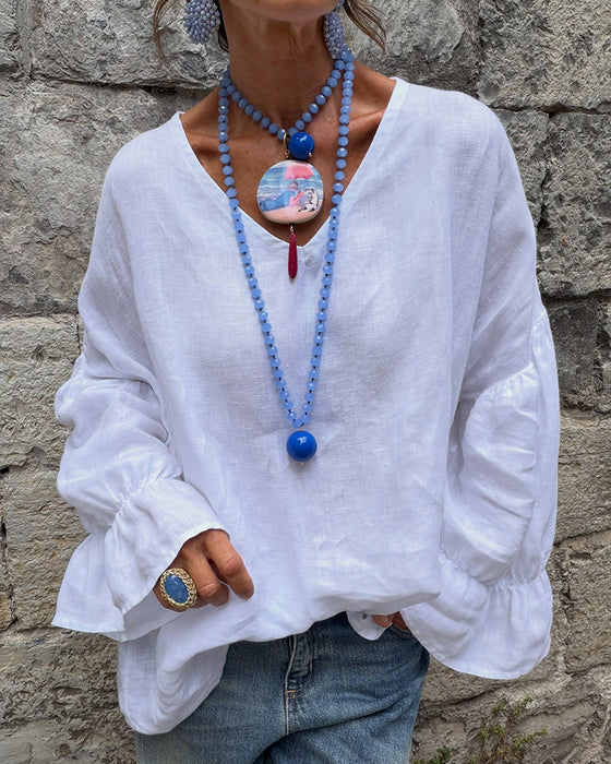 Blouse Col En V Volant Décontractée Unie