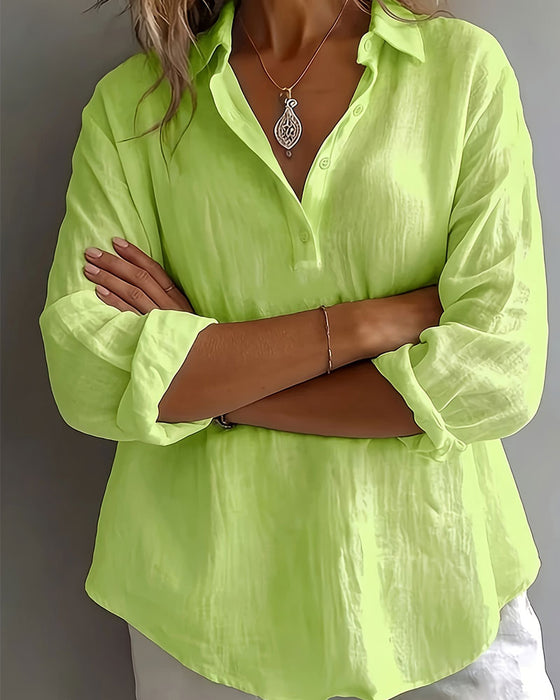 Blouse Unie Col Patte Demi-Patron Manches Longues