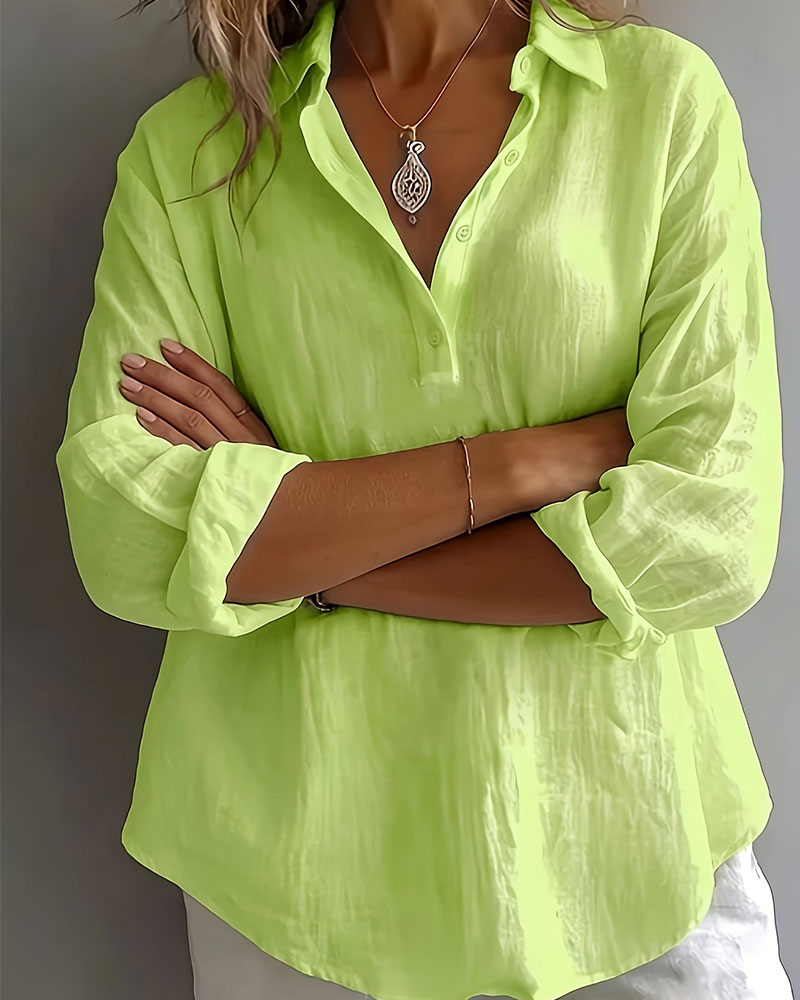 Blouse Unie Col Patte Demi-Patron Manches Longues