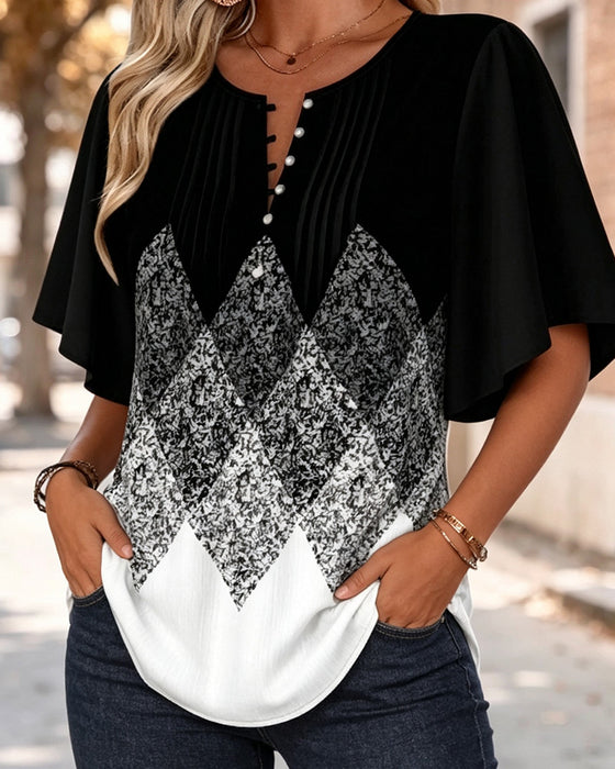 T-Shirt Col En V À Imprimé Dégradé Damier Diamant