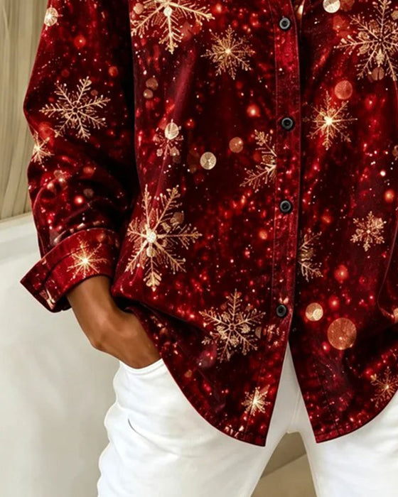 Chemise Revers Bouton Flocon De Neige Style Noël