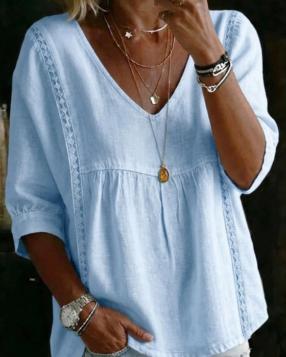 Blouse Volant Garniture Col En V Manche Coude