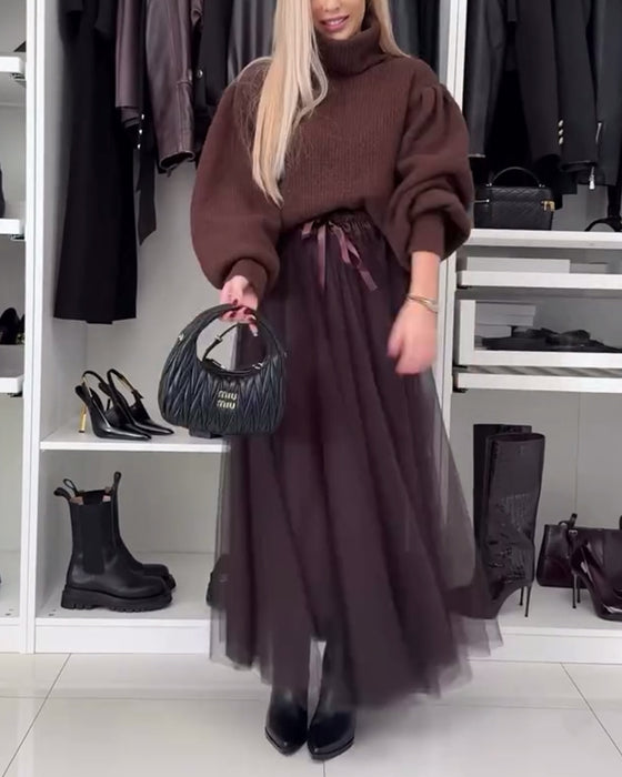 Jupe plissée décontractée à lacets en maille de couleur unie