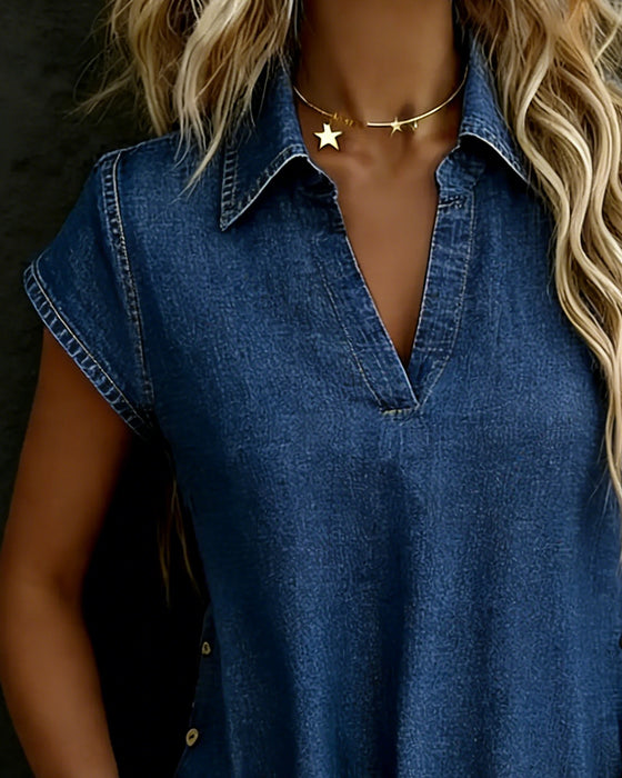 Chemisiers Col V Manches Courtes Denim Bouton