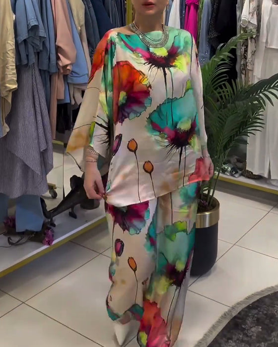 Ensemble asymétrique à manches trois-quarts à imprimé lotus