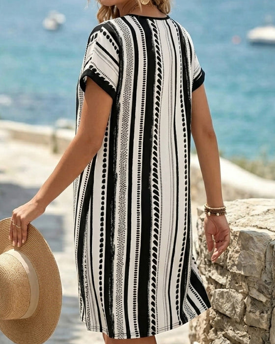 Robe Polka Dot Rayure Bouton