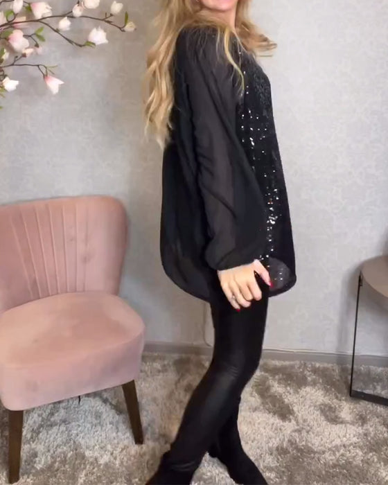 Chemise Col Rond Manches Longues Sequins