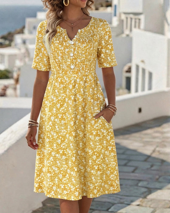 Robe Col V Manches Courtes Fleurie