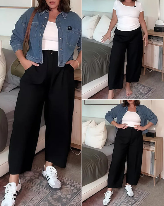 Pantalon Bouton Poche Jambe-Large Cropped