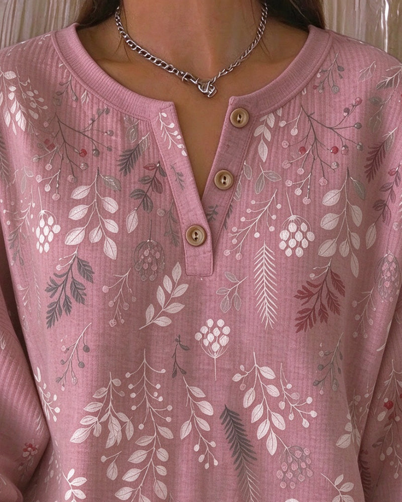 Sweatshirt Gaufré Col Henry Imprimé Floral
